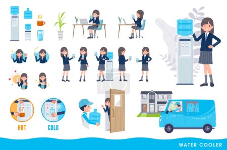 Illustration for A set of navy blazer student women and water cooler.It's vector art so easy to edit. - Royalty Free Image