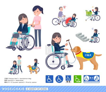 Illustration for A set of navy blazer student women in a wheelchair.It depicts various situations of wheelchair users. - Royalty Free Image