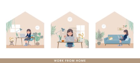 Illustration for A set of navy blazer student women working from home. It's vector art so easy to edit. - Royalty Free Image