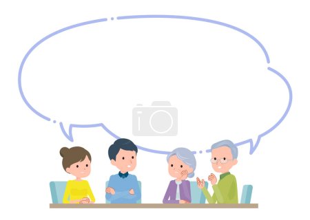A couple and their parents talking with speech bubble