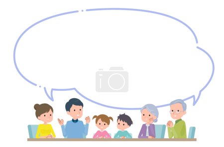 Téléchargez les illustrations : Famille de 3 générations ayant une discussion sérieuse avec bulle vocale - en licence libre de droit