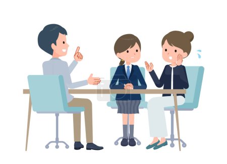 Parents worried about three-way meeting.Vector art that is easy to edit.