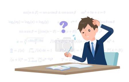 Téléchargez les illustrations : Un étudiant masculin qui ne peut pas résoudre les problèmes de mathématiques - en licence libre de droit