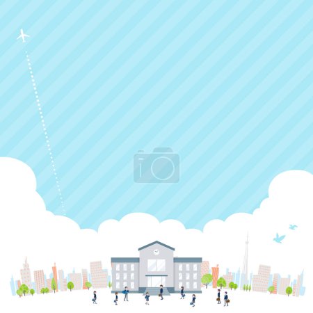 Edificio escolar y cielo azul. Arte vectorial que es fácil de editar.
