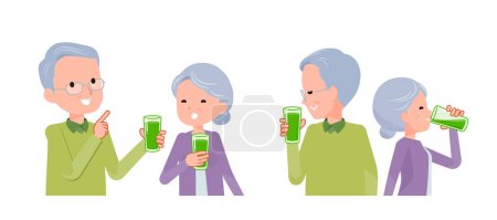 Seniorenpaar trinkt grünen Saft. Eine Szene, in der sie plaudern und sich entspannen.