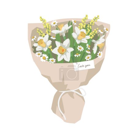 Ilustración de Ramo de flores de primavera aisladas sobre fondo blanco. Narcisos, mimosas y margaritas. Elegante ramo de primavera en una paleta de colores minimalista. Ilustración vectorial. - Imagen libre de derechos