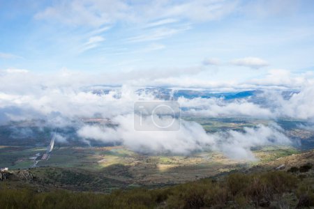 Photo for Beautiful aerial view. Low clouds over the valley. Madrid countryside - Royalty Free Image