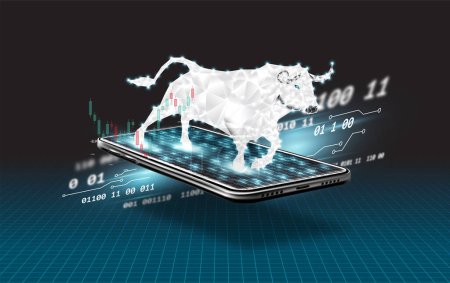 Illustration for A bull on a 3d mobile phone screen with tech light trails in the background. - Royalty Free Image