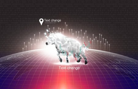 Téléchargez les illustrations : Le taureau est sur la carte du monde rouge avec un faisceau de lumière au-dessus. - en licence libre de droit