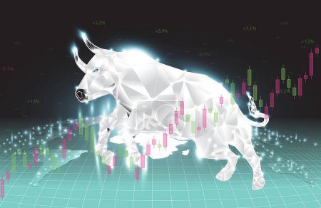 Ein glühender Stier mit erhobenen Vorderbeinen hat eine Aktienhandelslinie als Element.
