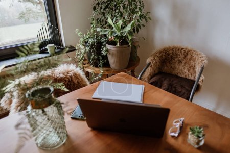 Téléchargez les photos : Lieu de travail élégant pour le bureau à domicile, table en bois avec ordinateur portable et articles de travail avec de belles plantes vertes. - en image libre de droit