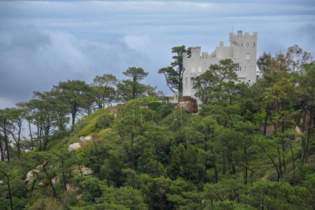 Blick auf die Burg von Sintra, auch bekannt als die Burg der Mauren, auf einem felsigen Massiv isoliert auf einem der Gipfel der Berge von Sintra errichtet