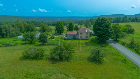 Photo for A vertical shot of a green field with house - Royalty Free Image