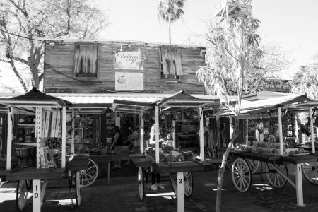 Photo for Black and white photo of souvenir shops in Key West (Spanish: Cayo Hueso) is an island in the Straits of Florida - Royalty Free Image