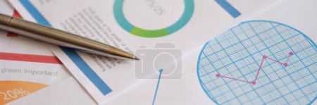 Foto de Comercialización de gráficos analíticos financieros con pluma en la mesa. Concepto de orientación y estadísticas - Imagen libre de derechos