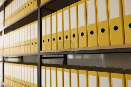 Yellow folders with materials and documents put in long rows on shelves. Organized ring binder structure and archive in office closeup