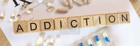 Addiction word collected with wooden cubes and medicines. Drug addict, obsession to pharmaceutical substances or narcotics or anxiety pills