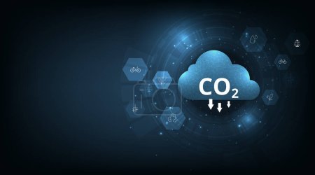 Reduce CO2 emissions to limit global warming on dark blue background.Lower CO2 levels with sustainable development on renewable energy, planting tree and green energy to stop climate change.