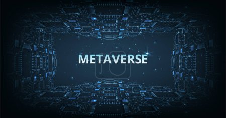 Concepto de tecnología Metaverse con red de circuitos eléctricos conectada en azul oscuro background.virtual realidad y tecnología blockchain.