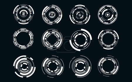 Ilustración de Set of User Interface HUD futuristic style.Abstract circles, geometric shapes, advanced technology segmentation, digital technology on a dark blue background. - Imagen libre de derechos