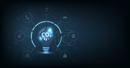 Illustration for Reduce CO2 emissions to limit global warming. Lower CO2 levels with sustainable development of renewable energy, planting tree, and green energy to stop climate change. - Royalty Free Image