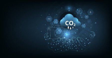Idea of reduce CO2 emissions to limit global warming.Lower CO2 levels with sustainable development on renewable energy, planting tree and green energy to stop climate change.