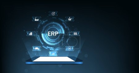 Illustration for Enterprise resource planning (ERP)concept design. Enterprise resource planning business and modern technology concept on dark blue background. - Royalty Free Image