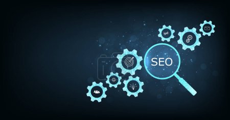 Illustration for Search engine optimization (SEO) concept on dark blue background. Internet technology for business companies. Large magnifying glass for monitoring and analyzing data - Royalty Free Image