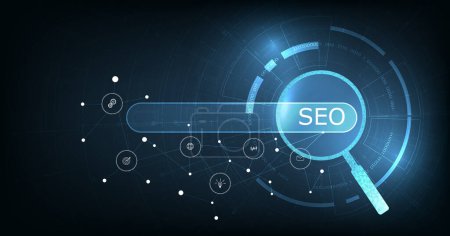 Illustration for (SEO) Search Engine Optimization. Internet technology for business company. Search engine optimization (SEO) concept on dark blue background. - Royalty Free Image