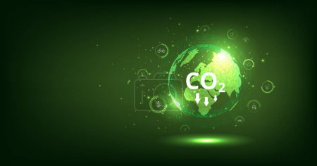 Illustration for The idea of reducing CO2 emissions to limit global warming. Lower CO2 levels with sustainable development of renewable energy, planting tree, and green energy to stop climate change. - Royalty Free Image