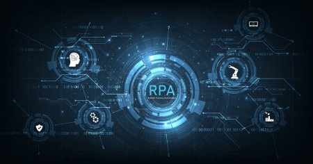 Robotic Process Automation (RPA). Geschäftsmaschinentechnologie mit Unterstützung des Fabrikdienstleisters Industrie 4.0 mit Präzisionsmaschinen für effizientere Produktivität.
