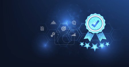 Quality management and validation process concept. Quality Assurance (QA) and Quality Control (QC), ISO certification, The icon for quality assurance is on a dark blue background.	
