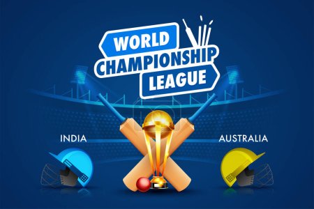 Liga Mundial de Cricket Conept India vs Australia encabezado del partido o bandera con pelota de cricket, bate y trofeo ganador en el fondo del estadio.