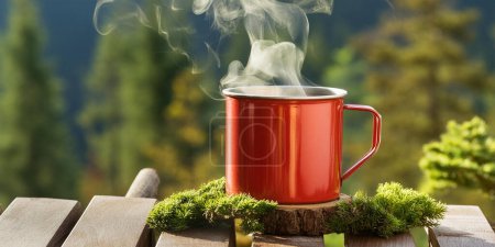 Tasse à café rouge sur table en bois avec paysage naturel en arrière-plan