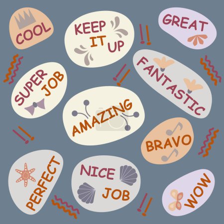 Vector Motivational Collection of stickers with the words great job and cool Flat style