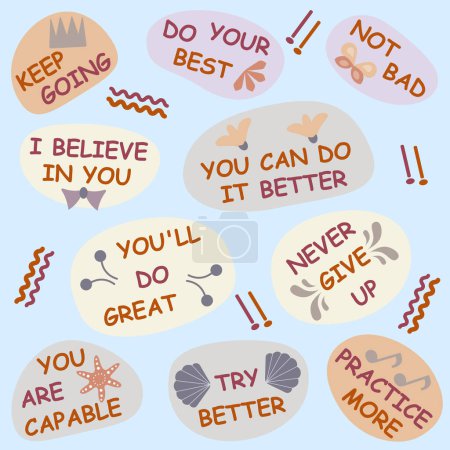 Vector Motivational Collection of stickers with the words Practice more Never give up Flat style