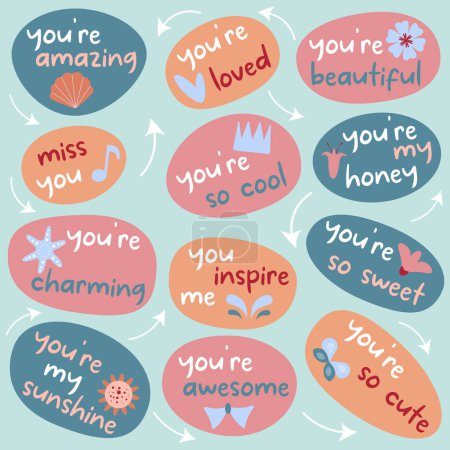 Vector Motivational Collection of stickers with the words you're loved, you're charming Flat style