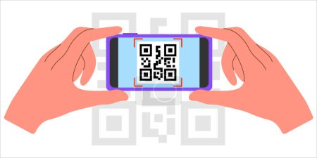 Escaneo del Smartphone Ilustración del concepto de código QR Dos manos sosteniendo el teléfono