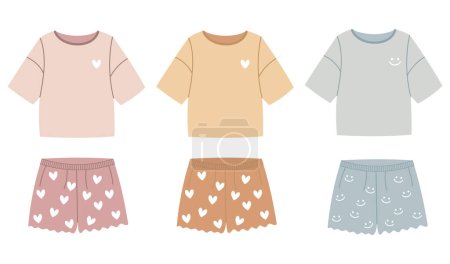 Vector Set Sommer-Pyjamas für Mädchen Textile Nachtwäsche vor dem Bett Flach
