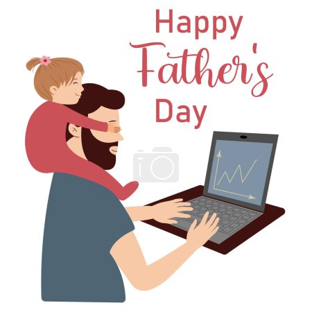 Happy Fathers Day template design Little daughter sits on daddys neck and covers his eyes