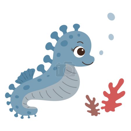 Cartoon seahorse Ocean animal Exotic underwater cute creature Marine life Isolated background Flat style