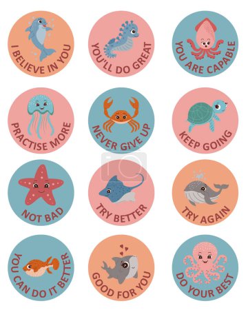 Set Motivational Collection of stickers with the words Practice more Never give up Ocean animals Flat style