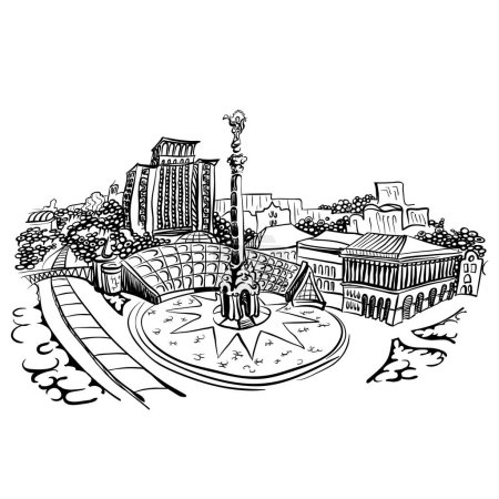 Téléchargez les illustrations : Place de l'Indépendance, Kiev, Ukraine. La place principale du pays avec une colonne triomphale. Dessin monochrome noir et blanc - en licence libre de droit