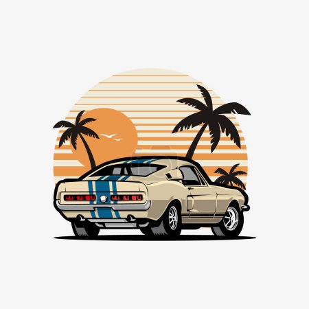 Illustration for American Muscle Car in Beach Vector Illustration. Car Isolated in White Background. Best for Tshirt Design Template - Royalty Free Image