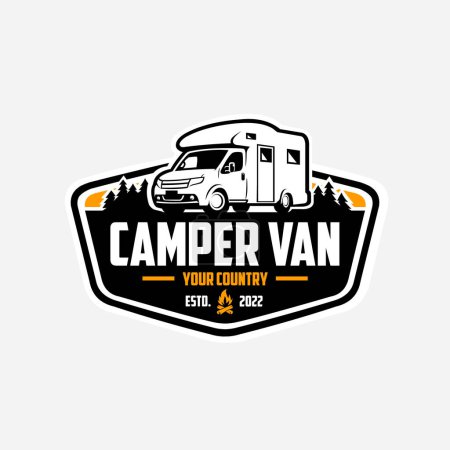 Illustration for Camper van emblem logo design. Ready made motorhome caravan logo. Best for campervan motorhome rv related industry - Royalty Free Image