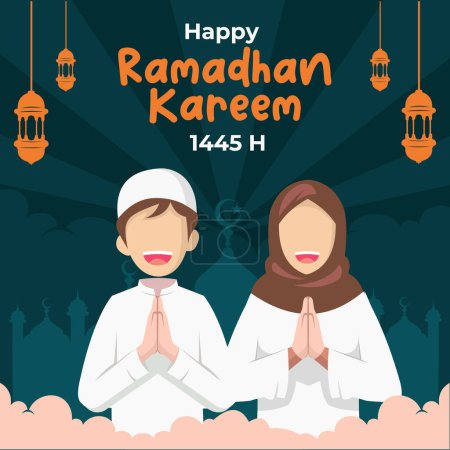 Happy ramadhan kareem 1445 greeting card vector isolated. Islamic muslim cartoon. Best for muslim and ramadhan related industry