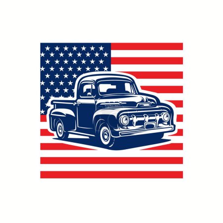 Classique Old Pickup Truck drapeau américain 4 juillet Patriotic Tshirt Design Illustration vectorielle. Meilleur pour la conception de t-shirt automobile