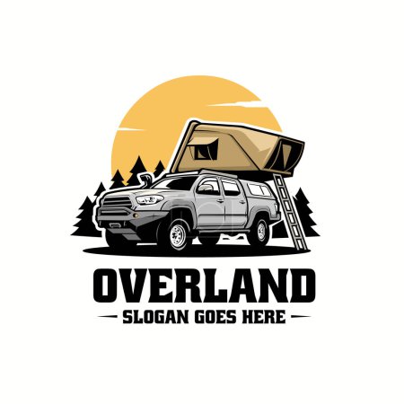 Overland offroad pickup truck with roof top tent camping in outdoor vector logo isolated