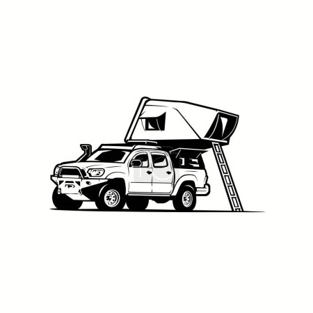 Ilustración de Camioneta todoterreno con tienda de campaña en la azotea que acampa en vector monocromo al aire libre aislado - Imagen libre de derechos