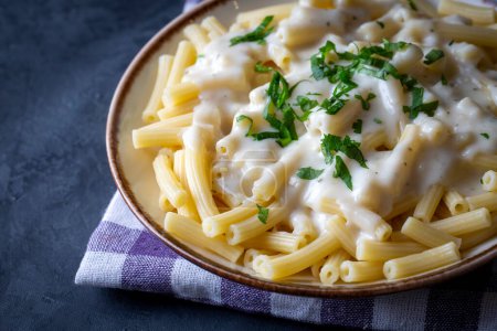 Photo for Delicious dishes; Cheese Sauce Pasta (Turkish name; peynirli makarna) - Royalty Free Image